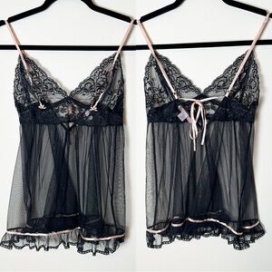 Victoria’s Secret Vintage Black Mesh Lace Pink Ribbon Bow Extra Small